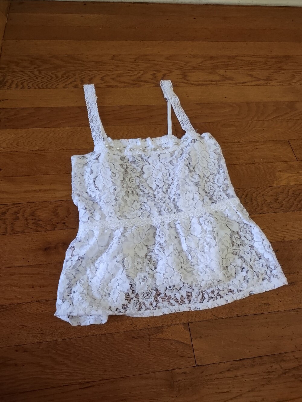a&f white lace tank pearl rhinestone beaded trim adjustable straps extra small